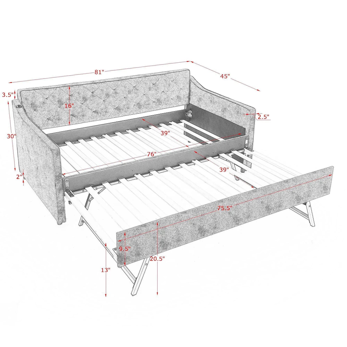 Daybed pop-up trundle USB charging armrest in gray cloth Unique Piece Furniture on Tampa Home & Garden Store