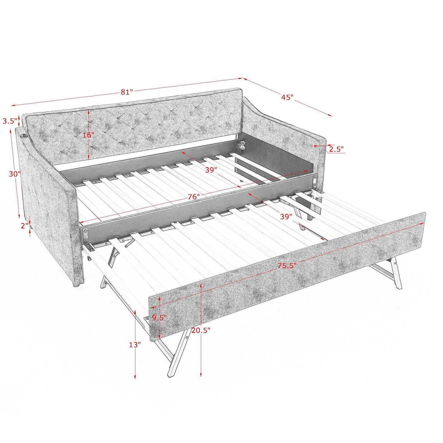 Daybed with Trundle and USB Charging Armrest