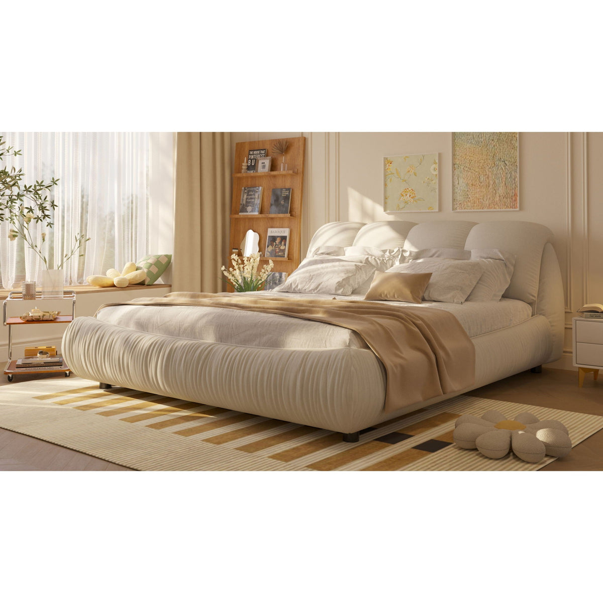 Luxury Upholstered Platform Bed with oversized beige padded backrest and solid wood frame on Tampa Home & Garden Store