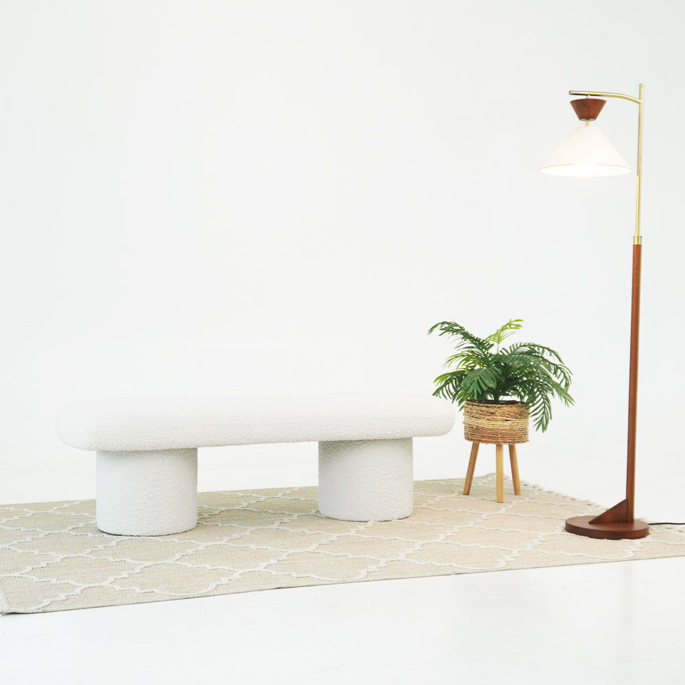 Ivory boucle Randolph upholstered bench by HouseOfZazla; 3-item scene: floor lamp, plant on Tampa Home & Garden Store