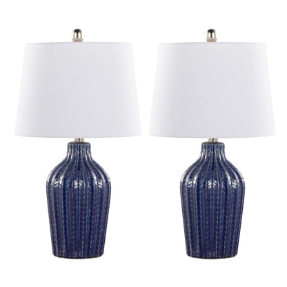 Rockwell Contemporary Table Lamp set of 2 white shades cobalt blue ribbed bases on Tampa Home & Garden Store