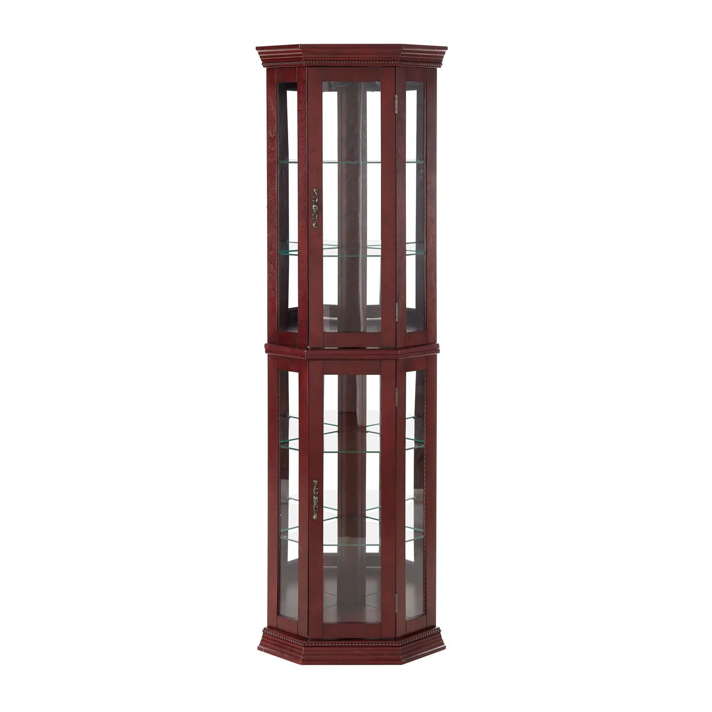 Corner curio cabinet with lights, dark cherry wood, mirrored back, glass shelves on Tampa Home & Garden Store