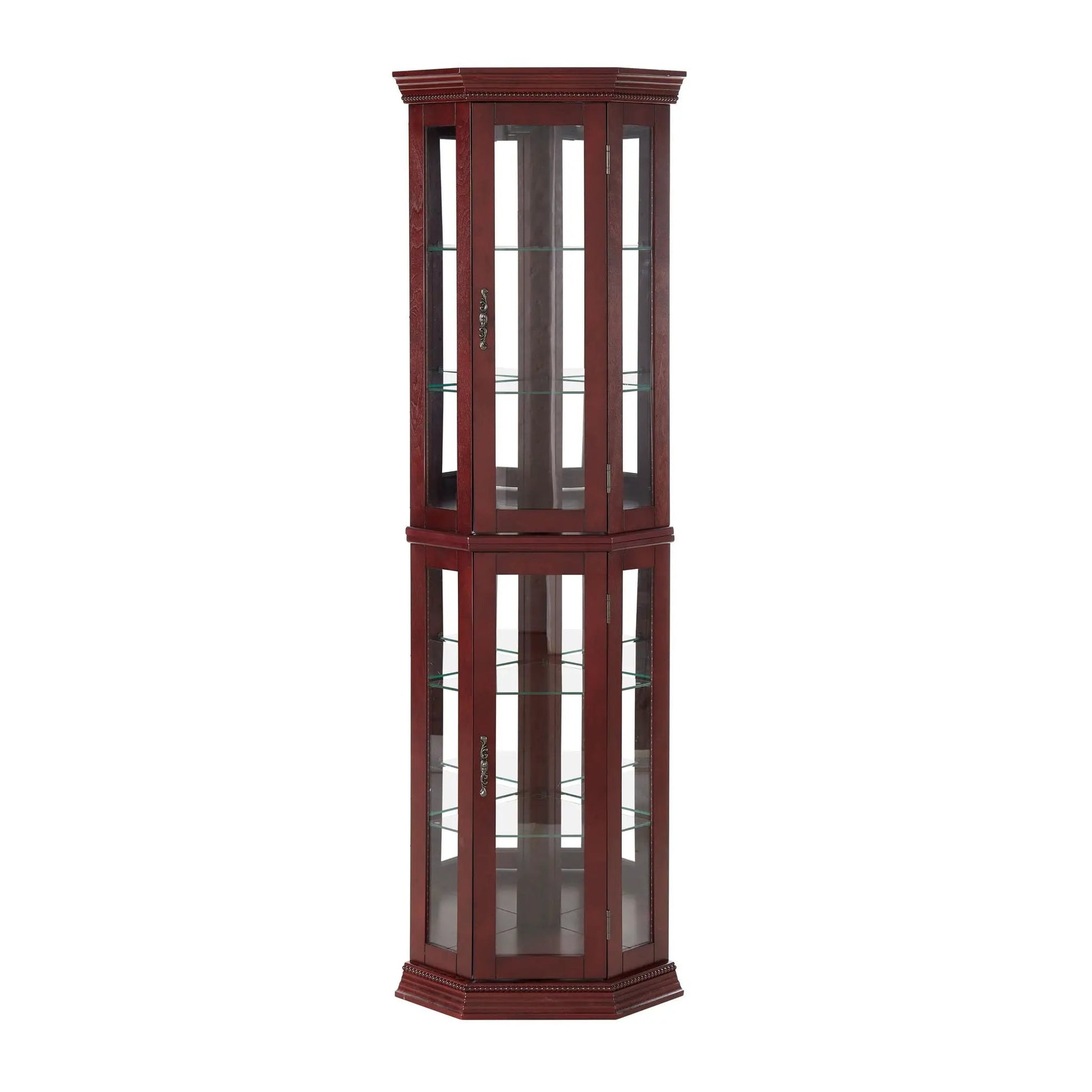 Corner curio cabinet with lights, dark cherry wood, mirrored back, glass shelves on Tampa Home & Garden Store