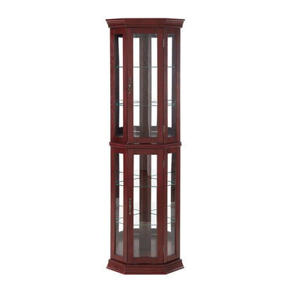 Corner curio cabinet with lights, dark cherry wood, mirrored back, glass shelves on Tampa Home & Garden Store