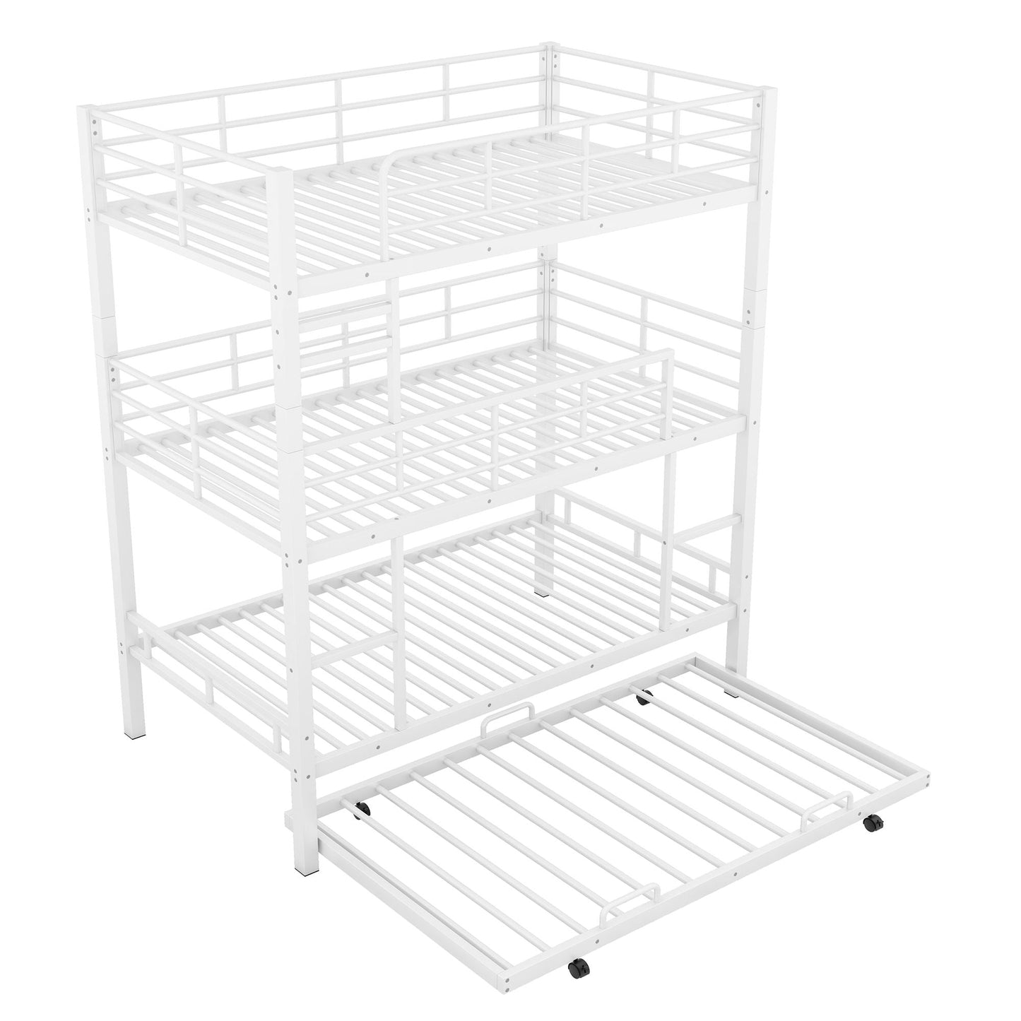 Triple bunk bed with trundle in heavy-duty white steel, 3 bunk levels, HouseOfZazla on Tampa Home & Garden Store
