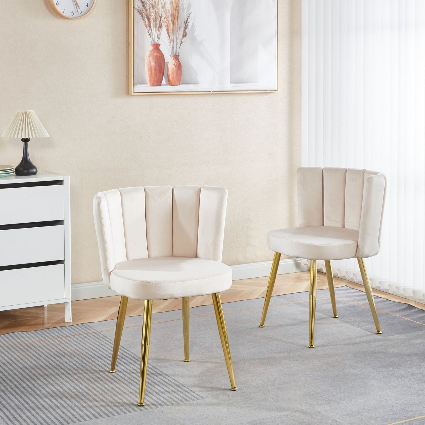 Ergonomic dining chairs set of 2 in cream upholstery with ribbed back and gold-tone legs on Tampa Home & Garden Store