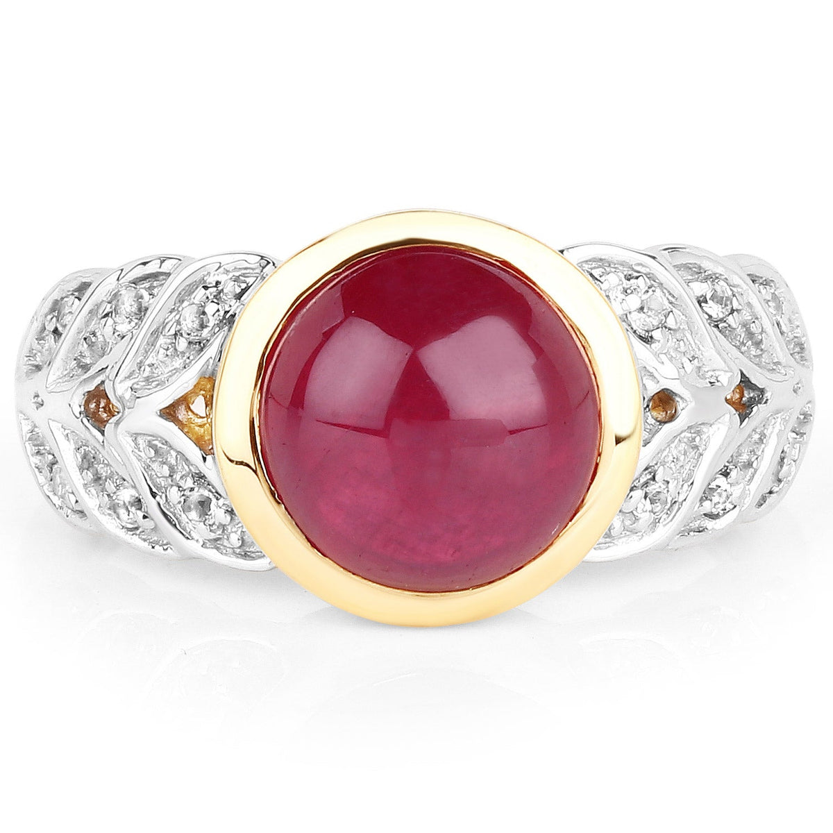 Ring 5.11ct glassfilled ruby with white topaz accents, .925 sterling silver band, gold bezel on Tampa Home & Garden Store