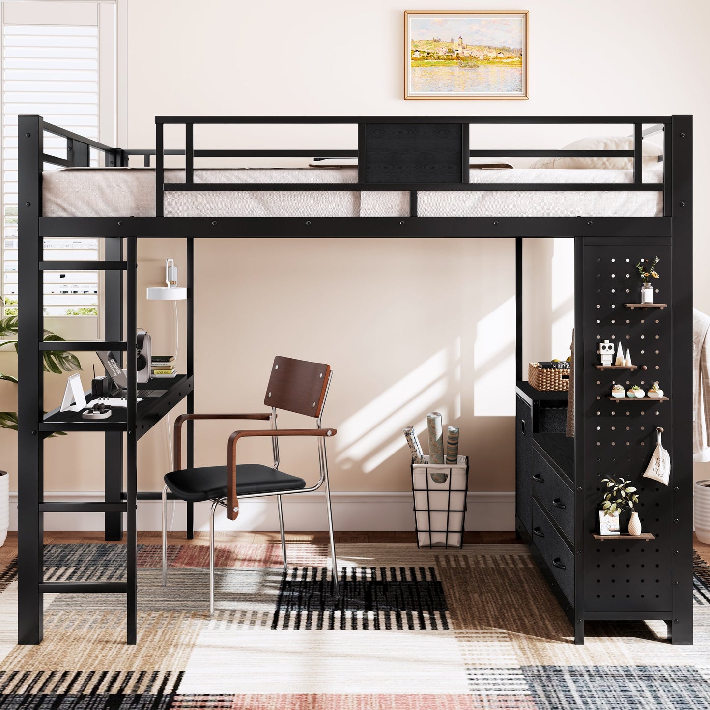 Queen Size Loft Bed with Desk & Shelves in black metal frame on Tampa Home & Garden Store