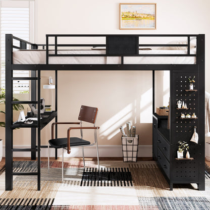 Queen Size Loft Bed with Desk & Shelves in black metal frame on Tampa Home & Garden Store