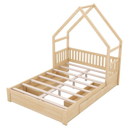 House Style Platform Bed with Guardrail and 2 Drawers, natural wood frame, HouseOfZazla bed on Tampa Home & Garden Store