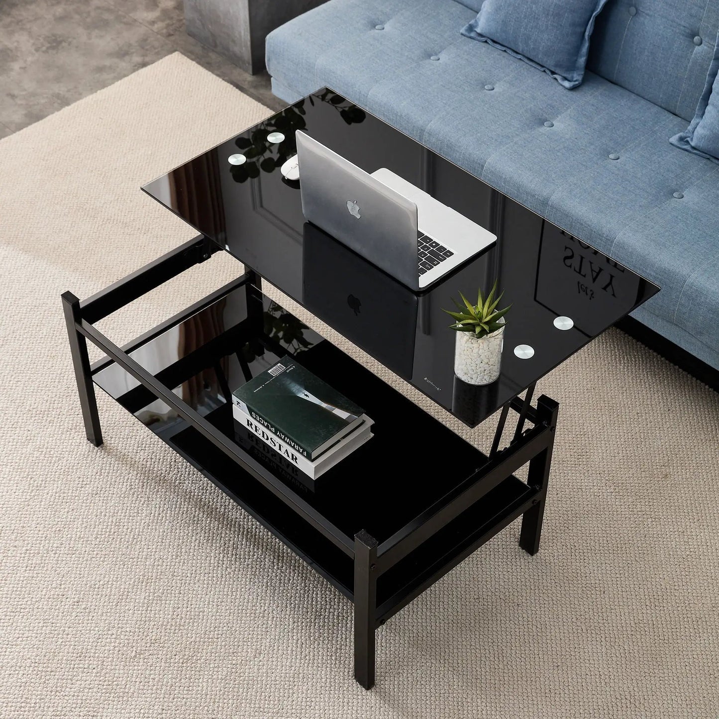 Glass Lift Top Coffee Table for Living Room Black