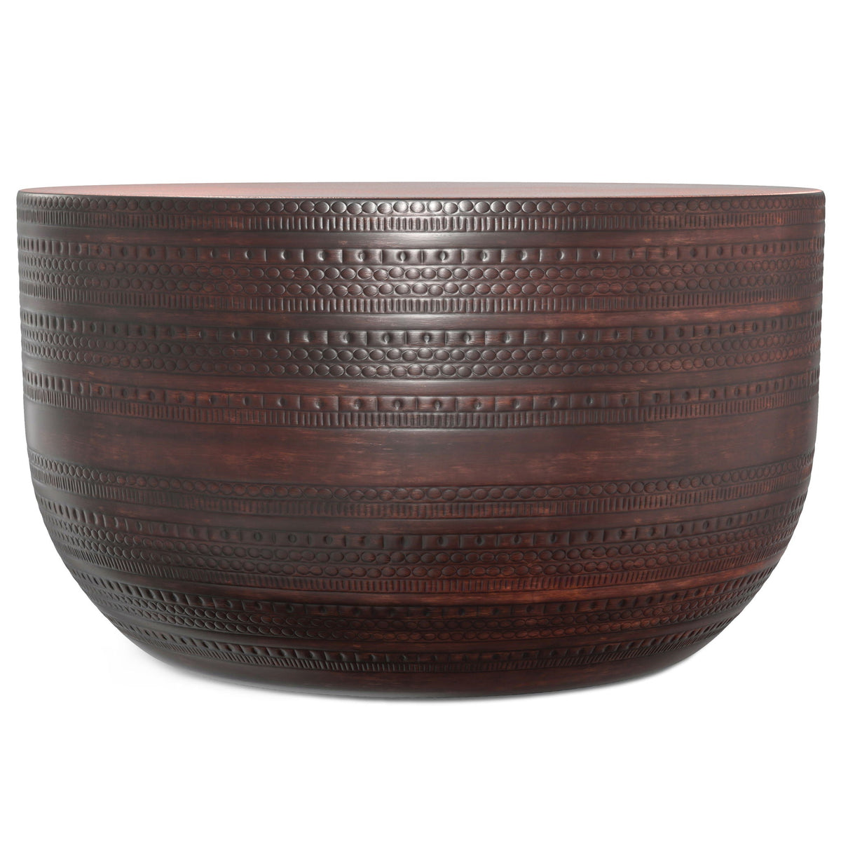 Handcrafted metal coffee table with dotted textured bands in dark brown on Tampa Home & Garden Store