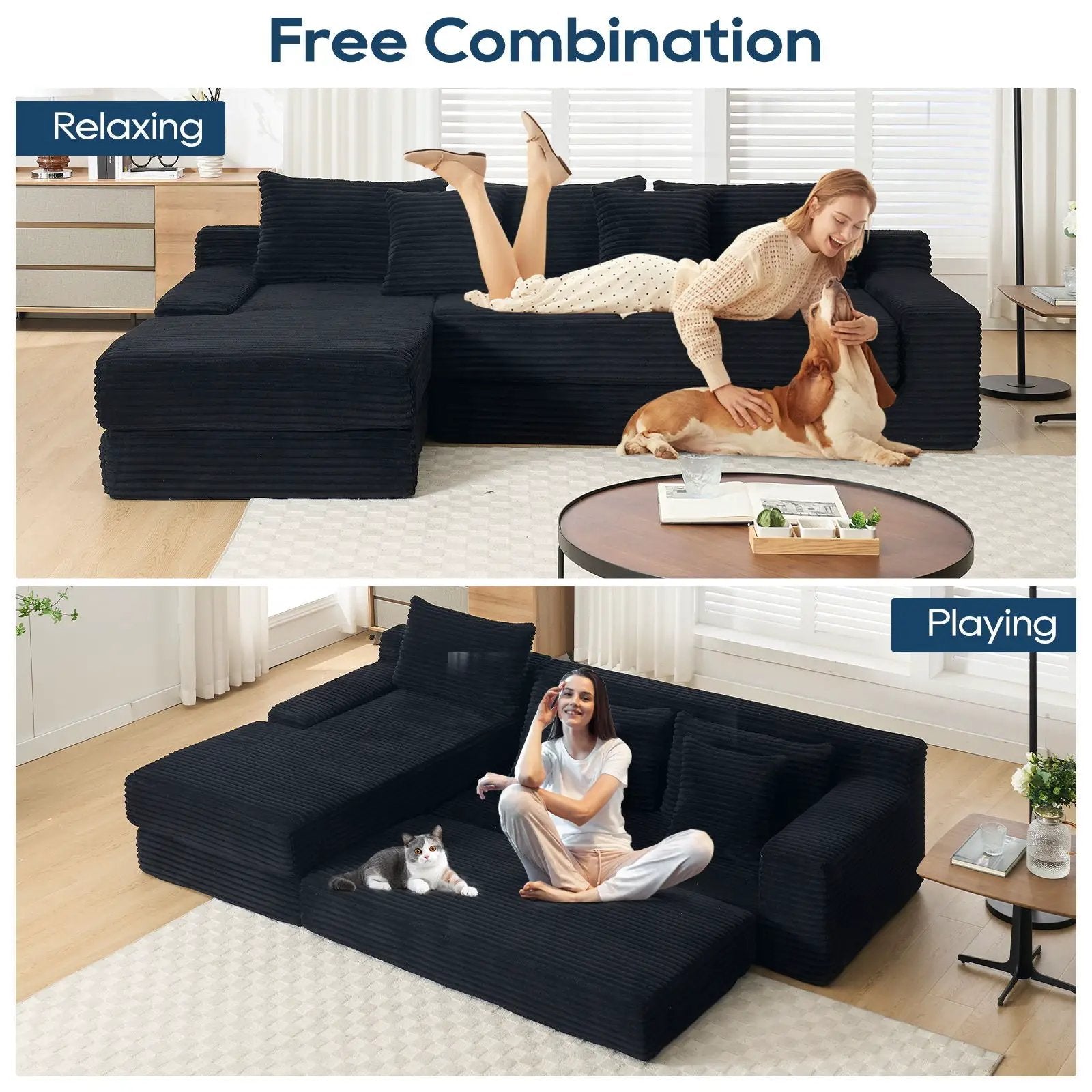 Modern L-shaped sectional sofa in black fabric with memory foam cushions from Unique Piece on Tampa Home & Garden Store