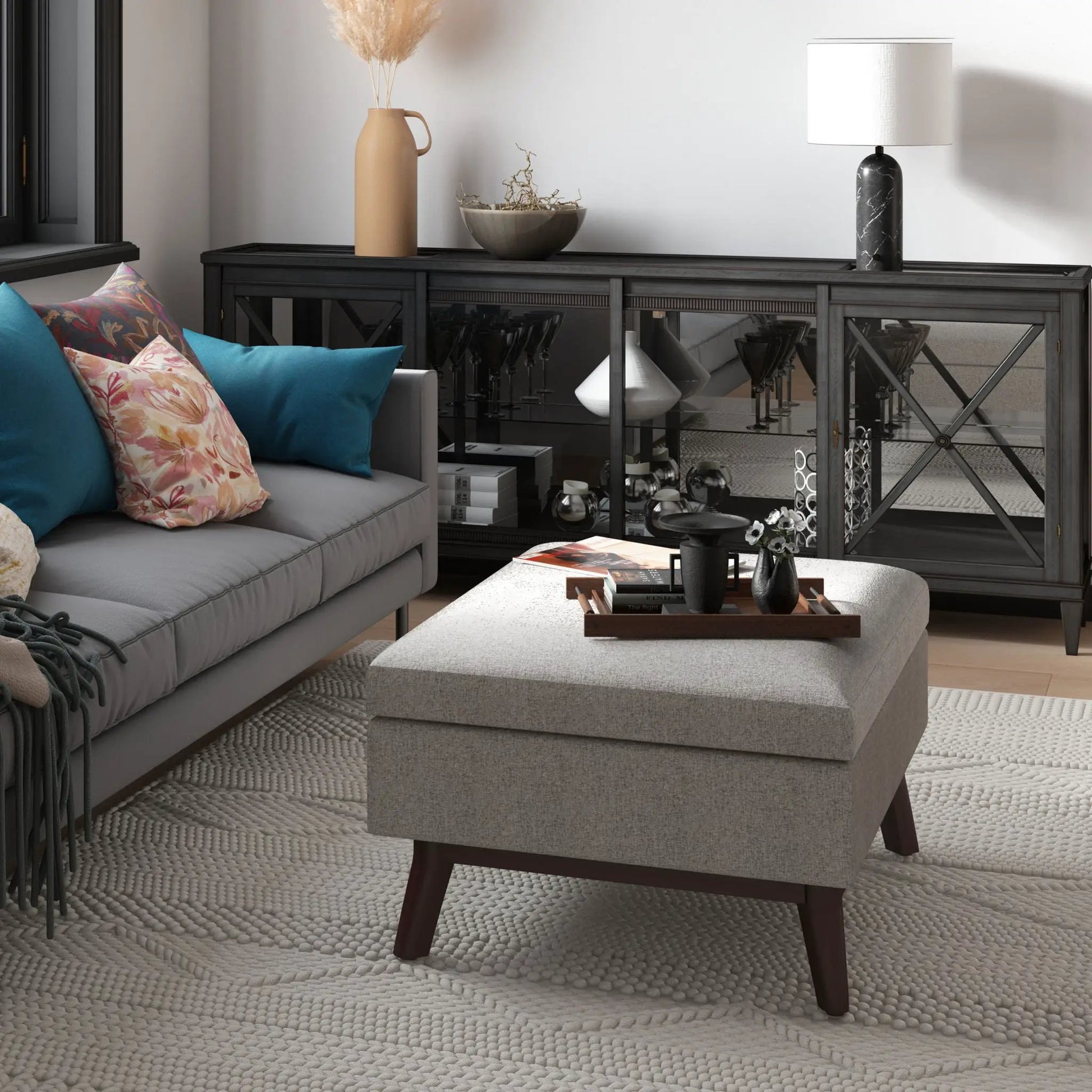 Owen Upholstered Rectangular Storage Ottomans, two in light gray fabric with dark wood legs on Tampa Home & Garden Store