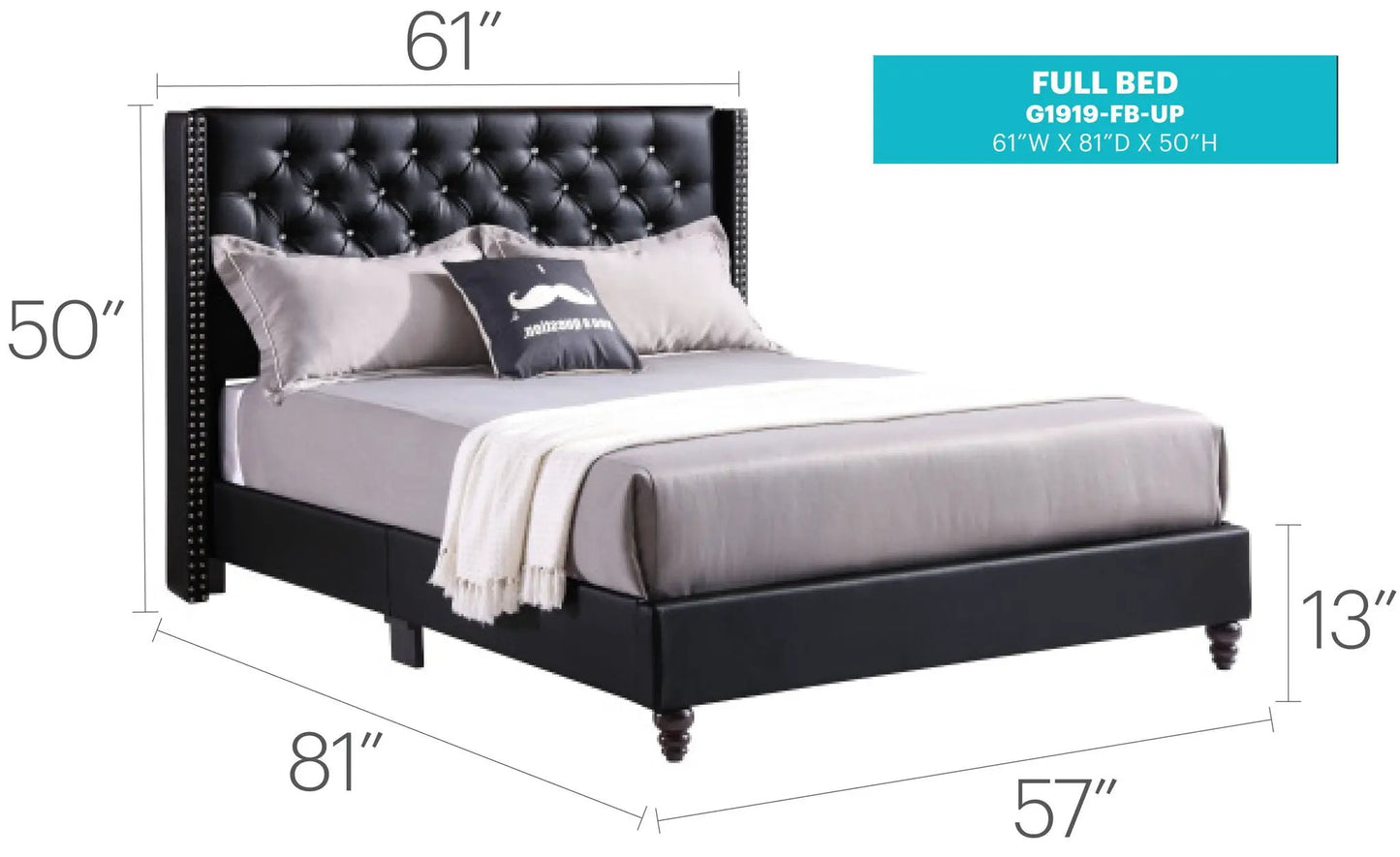 Upholstered Nailhead Trim Chic Bed with black tufted headboard, studded sides, 61W x 81D x 50H on Tampa Home & Garden Store