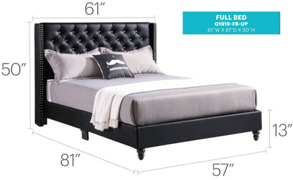 Upholstered Nailhead Trim Chic Bed with black tufted headboard, studded sides, 61W x 81D x 50H on Tampa Home & Garden Store