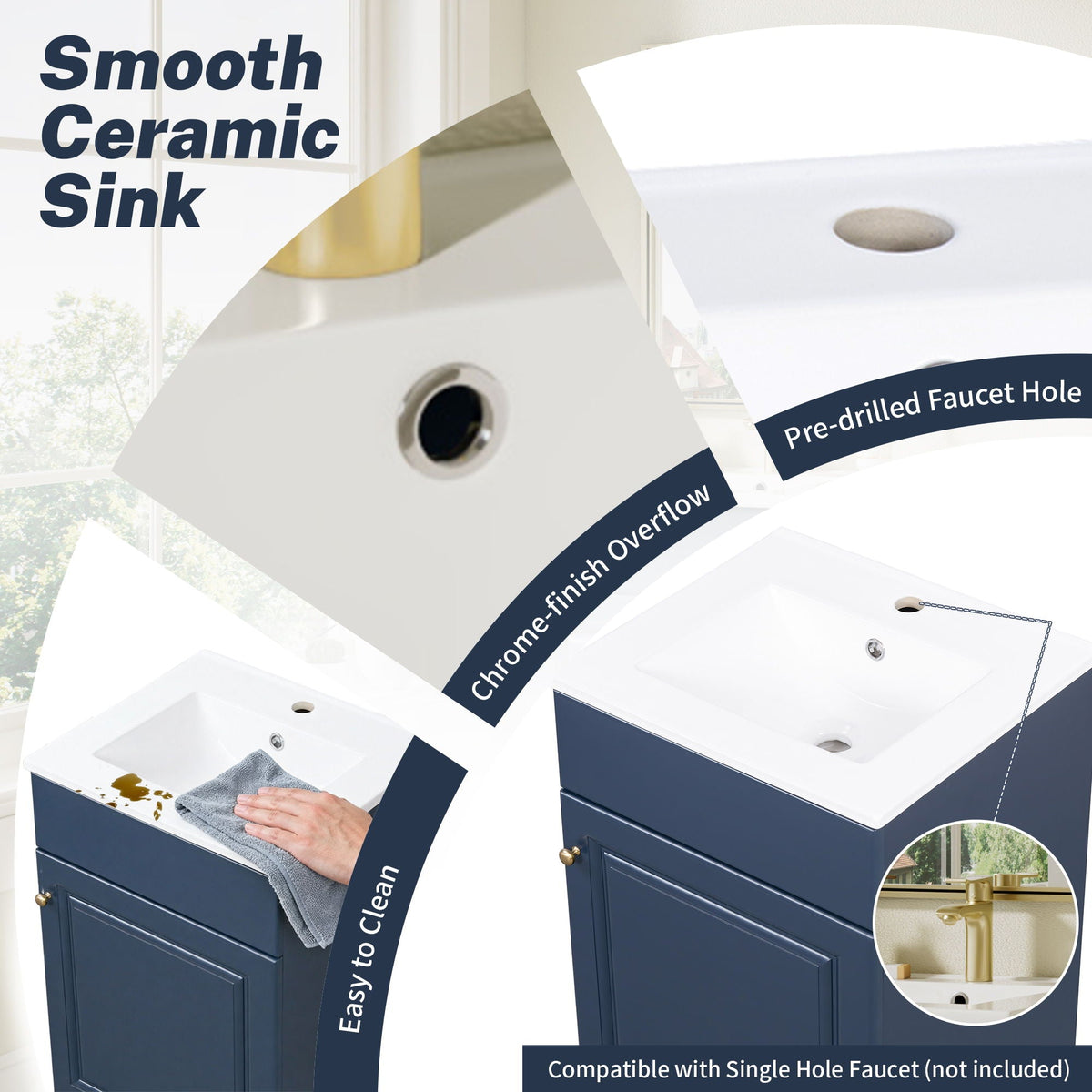 Bathroom vanity with sink navy blue finish, white ceramic sink, and gold hardware on Tampa Home & Garden Store