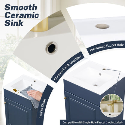 Bathroom vanity with sink navy blue finish, white ceramic sink, and gold hardware on Tampa Home & Garden Store