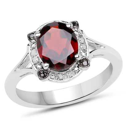 Garnet center ring in sterling silver with white and black diamonds halo on Tampa Home & Garden Store