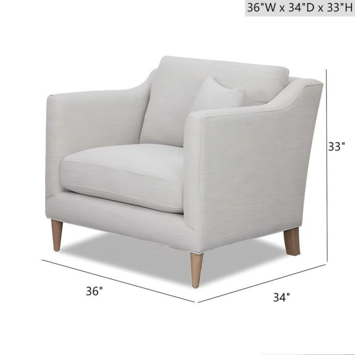 Beige arm chair with high track arms, light fabric upholstery, solid wood tapered legs on Tampa Home & Garden Store