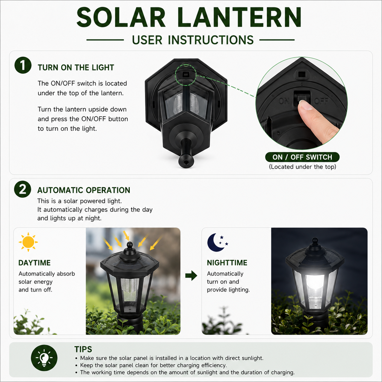 Solar lantern instructions with ON/OFF switch and day/night operation on Tampa Home & Garden Store