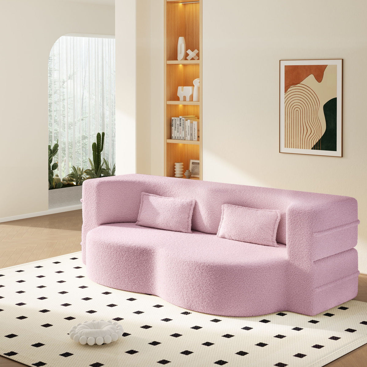 Modern Floor Sleeper Sofa Bed And Two Pillows