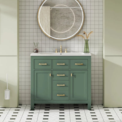 Bathroom vanity with sink, green cabinet, four drawers, gold hardware, round backlit mirror on Tampa Home & Garden Store