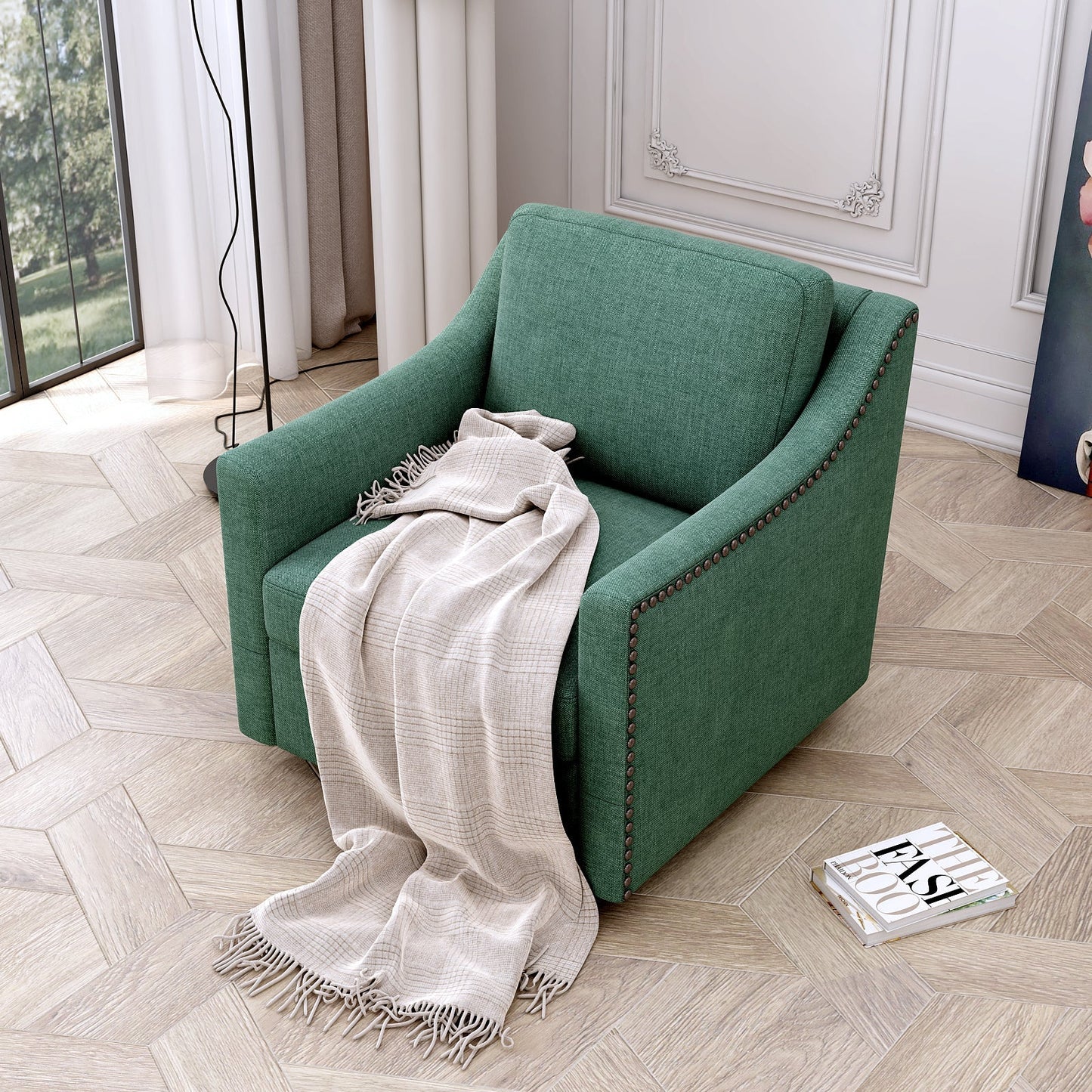 360 Degree Swivel Armchair in green cotton-linen fabric with brass nail detailing HouseOfZazla on Tampa Home & Garden Store