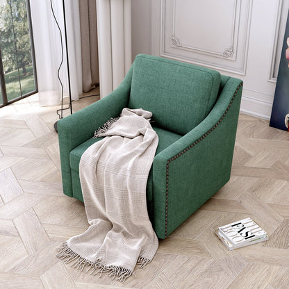 360 Degree Swivel Armchair in green cotton-linen fabric with brass nail detailing HouseOfZazla on Tampa Home & Garden Store