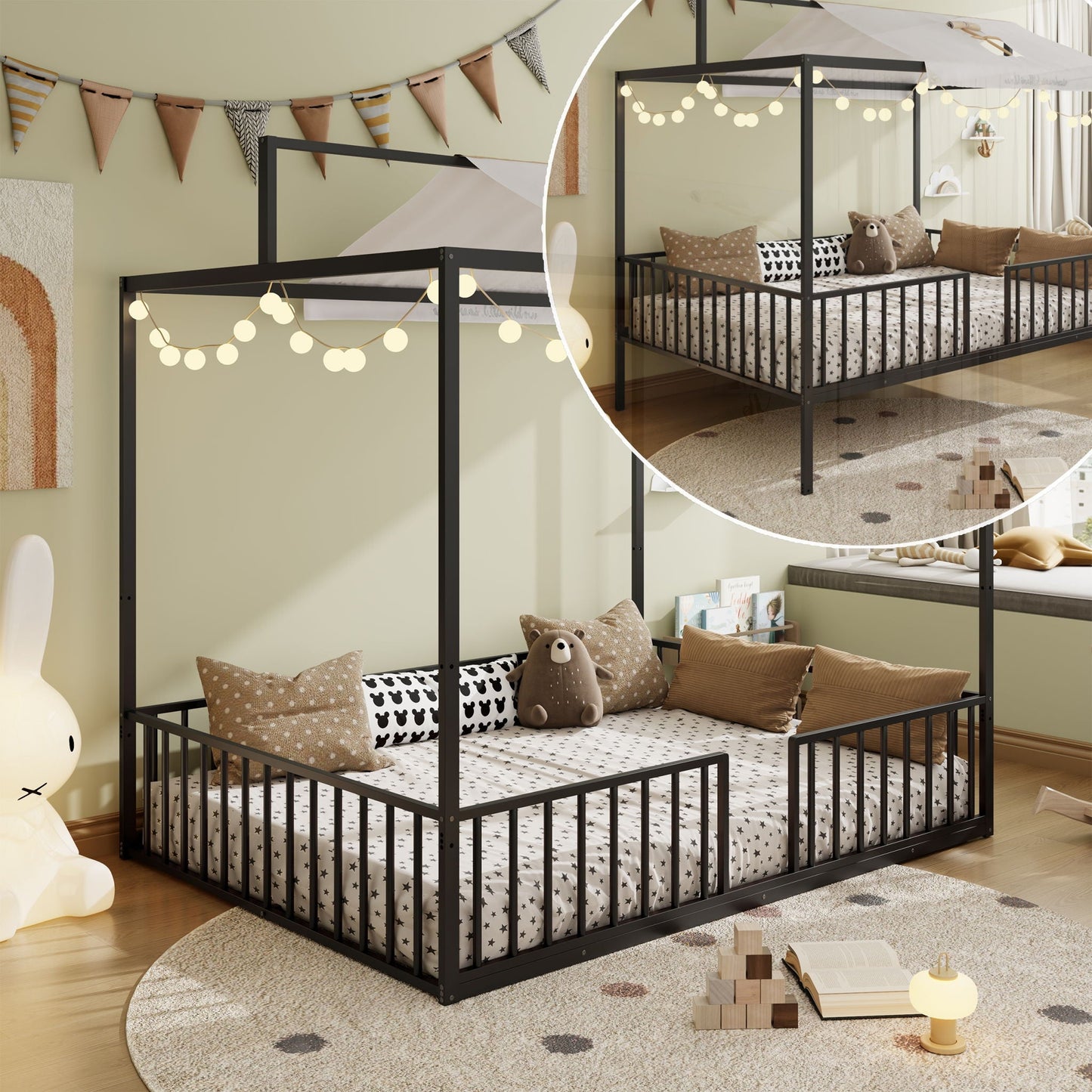 3-in-1 Convertible Montessori Floor Bed With Fenced Support by HouseOfZazla black metal on Tampa Home & Garden Store