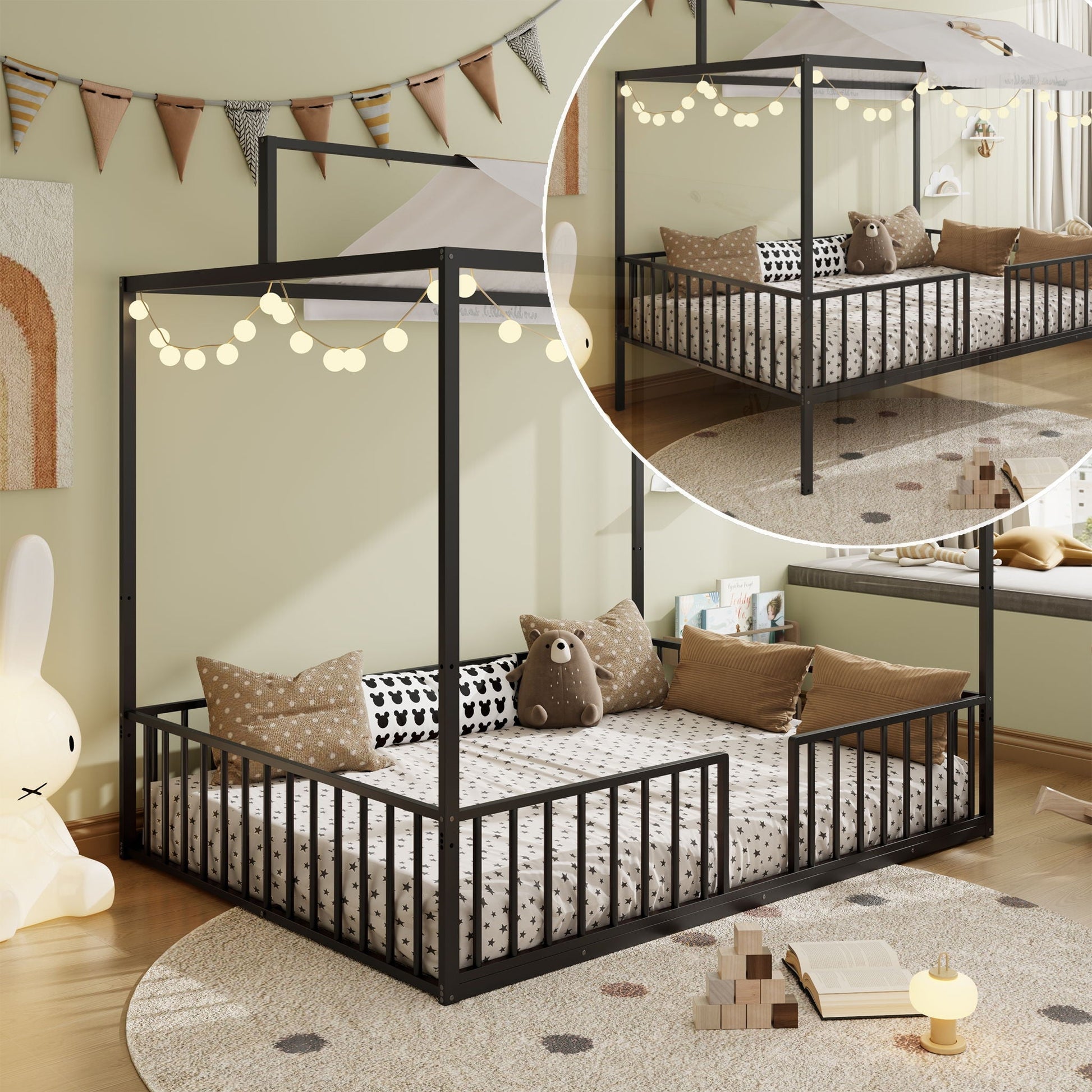 3-in-1 Convertible Montessori Floor Bed With Fenced Support by HouseOfZazla black metal on Tampa Home & Garden Store
