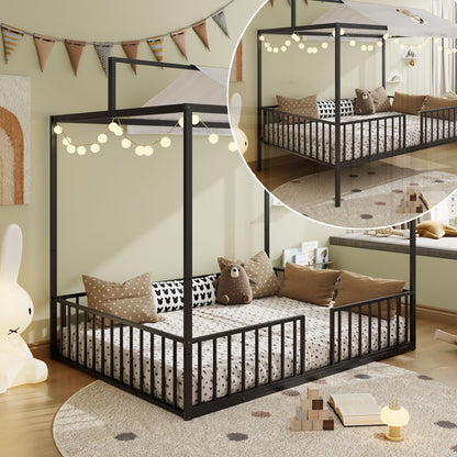 3-in-1 Convertible Montessori Floor Bed With Fenced Support by HouseOfZazla black metal on Tampa Home & Garden Store
