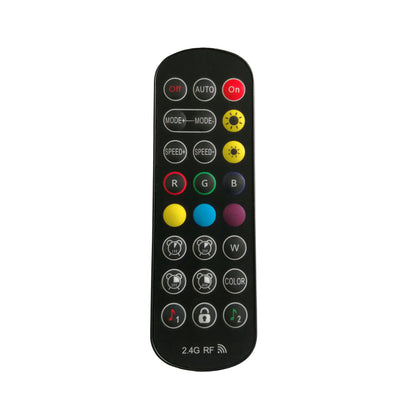 Remote control with color-coded circular buttons on black background and 2.4G RF label on Tampa Home & Garden Store