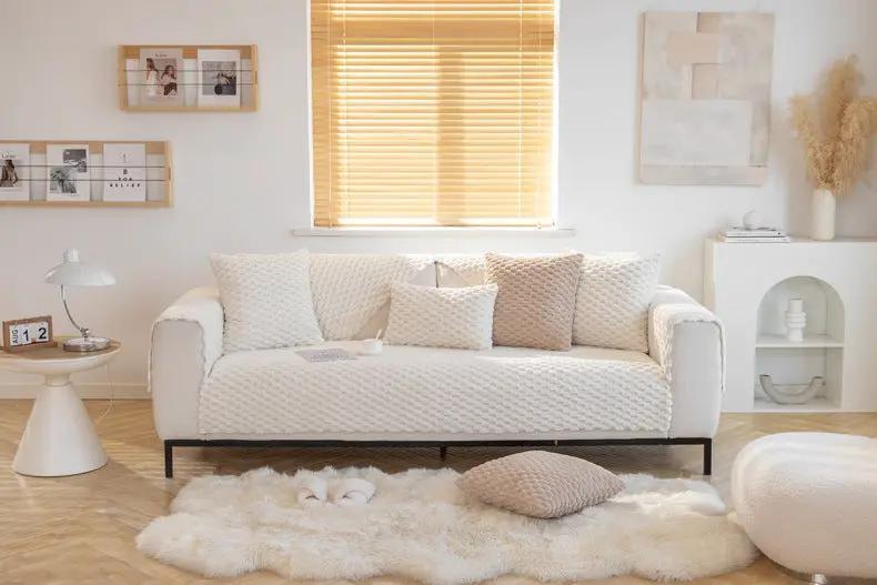Plush non-slip dustproof warm thickening sofa cushion set in cream on white sofa on Tampa Home & Garden Store
