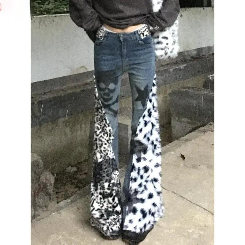 Retro large-size washed skull leopard print skinny jeans FLIPSTYLEZLLC with leopard panels on Tampa Home & Garden Store