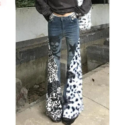 Retro large-size washed skull leopard print skinny jeans FLIPSTYLEZLLC with leopard panels on Tampa Home & Garden Store