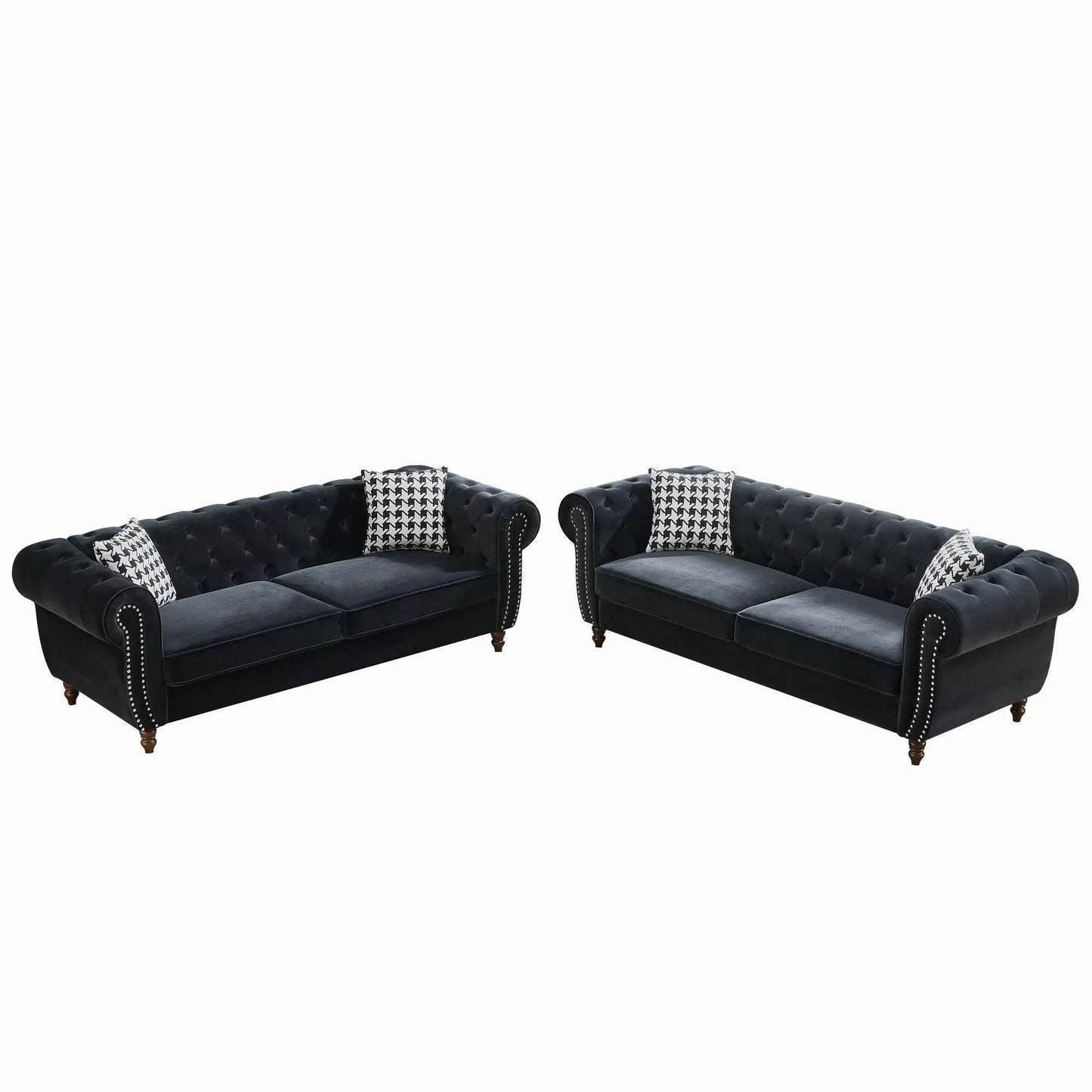 Chesterfield fabric sofa with roll arms and nailhead trim, black velvet 2-piece on Tampa Home & Garden Store