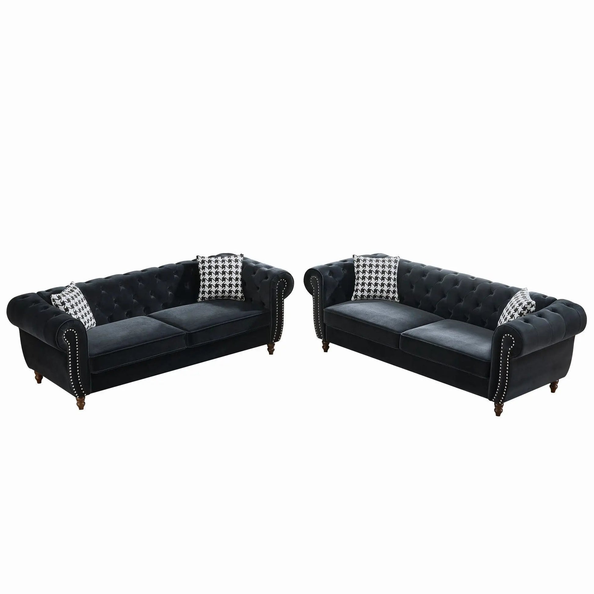 Chesterfield fabric sofa with roll arms and nailhead trim, black velvet 2-piece on Tampa Home & Garden Store