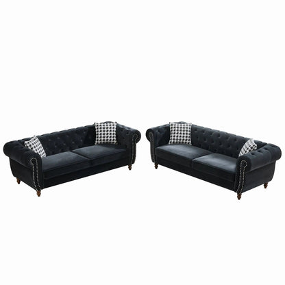 Chesterfield fabric sofa with roll arms and nailhead trim, black velvet 2-piece on Tampa Home & Garden Store