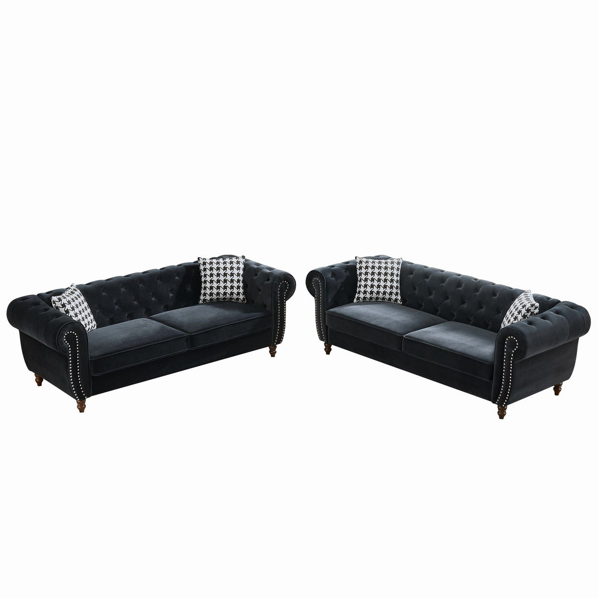 HouseOfZazla Chesterfield sofa 2-piece set, black roll-arm with nailhead trim, 3-seat on Tampa Home & Garden Store