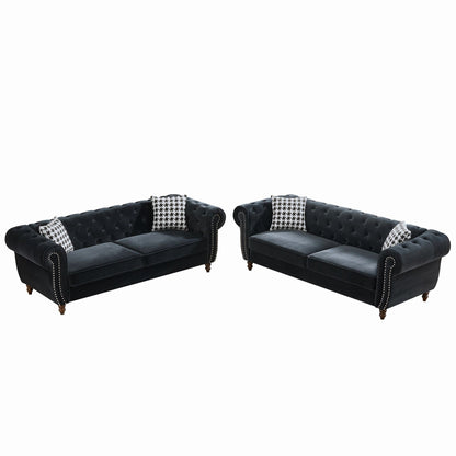 HouseOfZazla Chesterfield sofa 2-piece set, black roll-arm with nailhead trim, 3-seat on Tampa Home & Garden Store