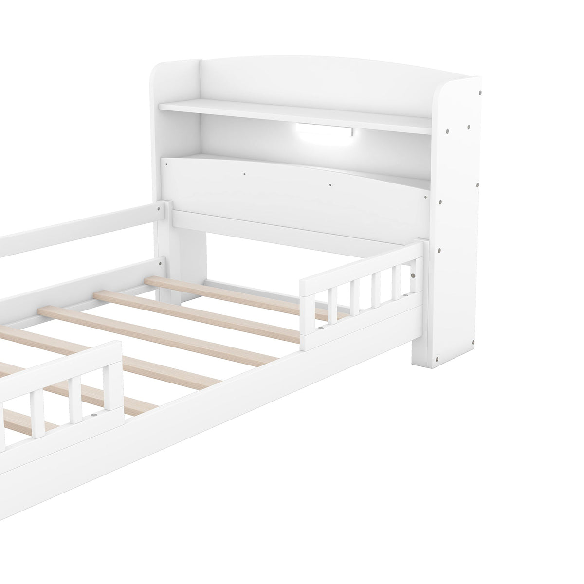 White wood platform bed with LED light, storage headboard and guardrail by HouseOfZazla on Tampa Home & Garden Store