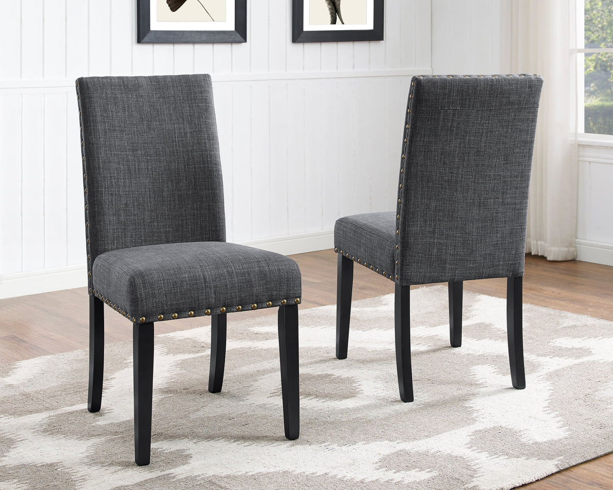 Biony Espresso Wood dining chairs in gray fabric with brass nailhead trim; 2 shown on Tampa Home & Garden Store