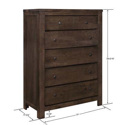 Brown 5-drawer accent chest in dark wood finish with round metal pulls on Tampa Home & Garden Store