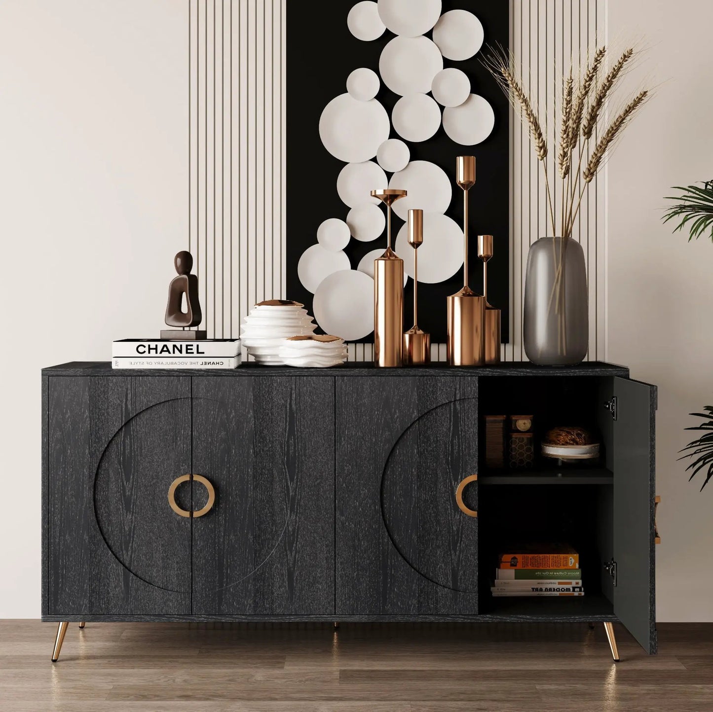 Modern lacquered 4-door wooden sideboard with dark finish and gold door accents on Tampa Home & Garden Store