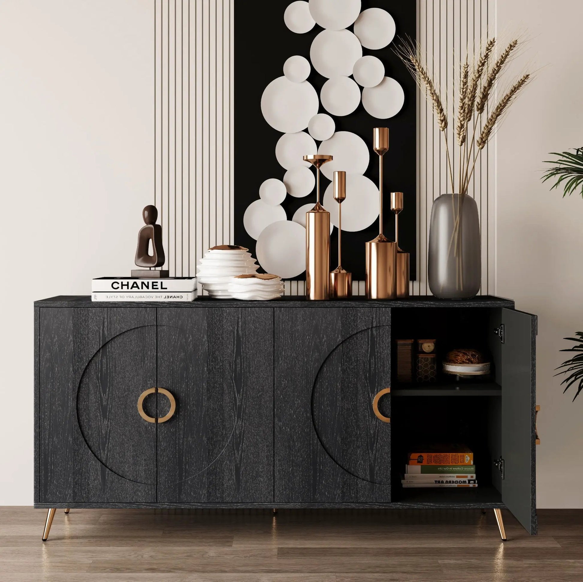 Modern lacquered 4-door wooden sideboard with dark finish and gold door accents on Tampa Home & Garden Store