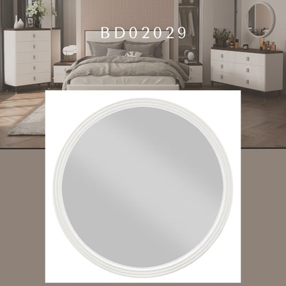 Carena round wall mirror with poplar wood frame in gray by HouseOfZazla in a modern bedroom on Tampa Home & Garden Store