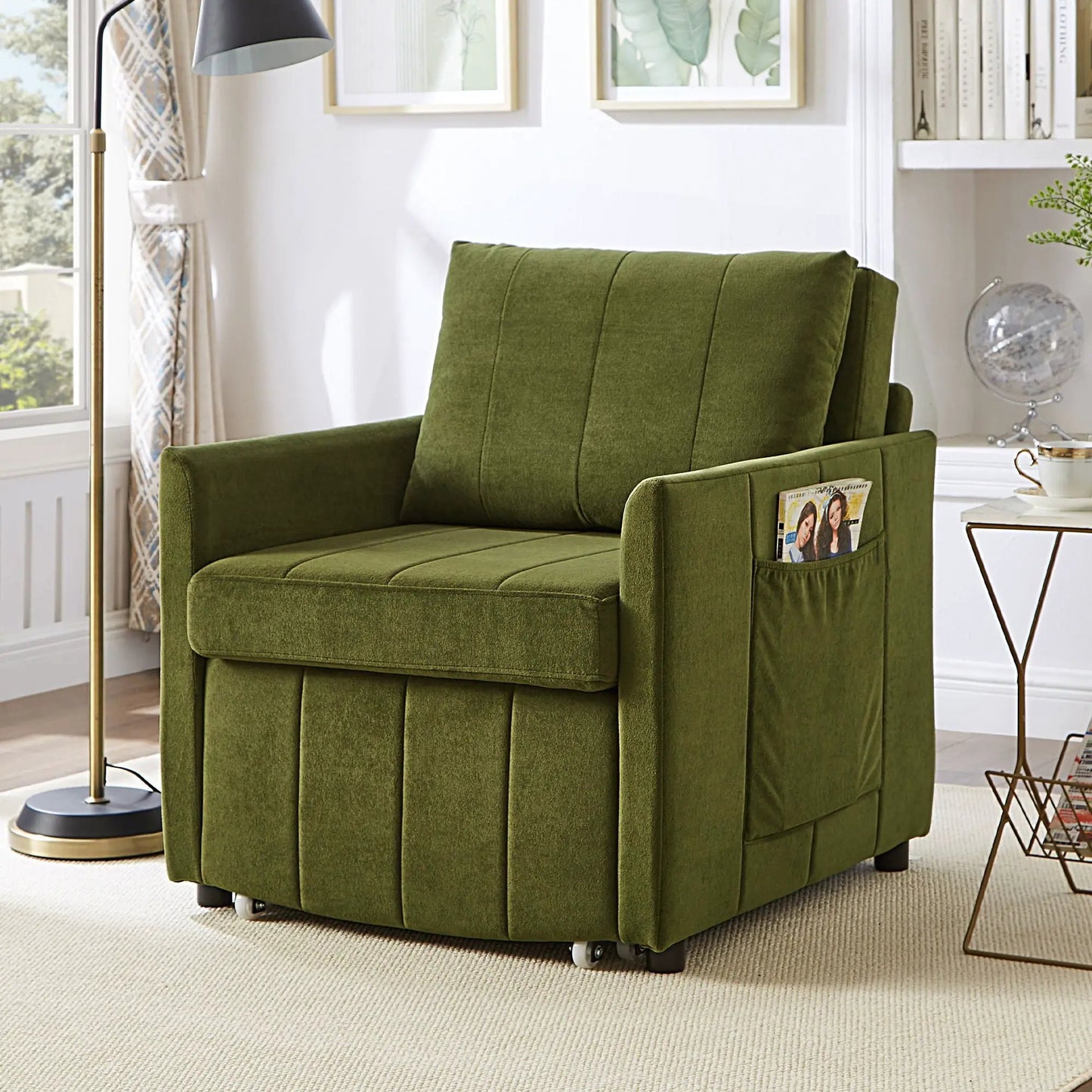 Convertible sleeper futon chair olive-green fabric, 5-position backrest, side pocket on Tampa Home & Garden Store