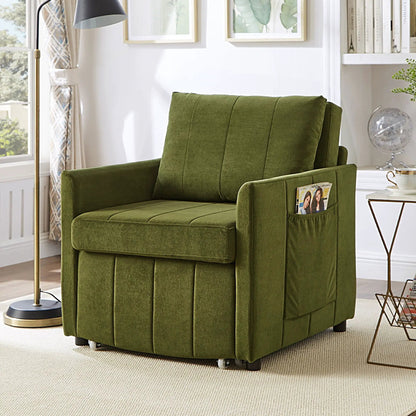 Convertible sleeper futon chair olive-green fabric, 5-position backrest, side pocket on Tampa Home & Garden Store