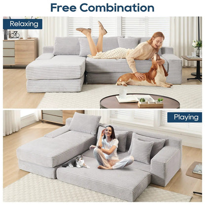 Modern L-shaped sectional sofa in light gray fabric with memory foam cushions, stationary on Tampa Home & Garden Store